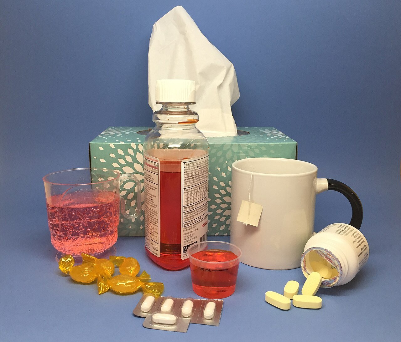 Cold medicine and supplies used for home care when sorting out cold vs flu vs RSV symptoms