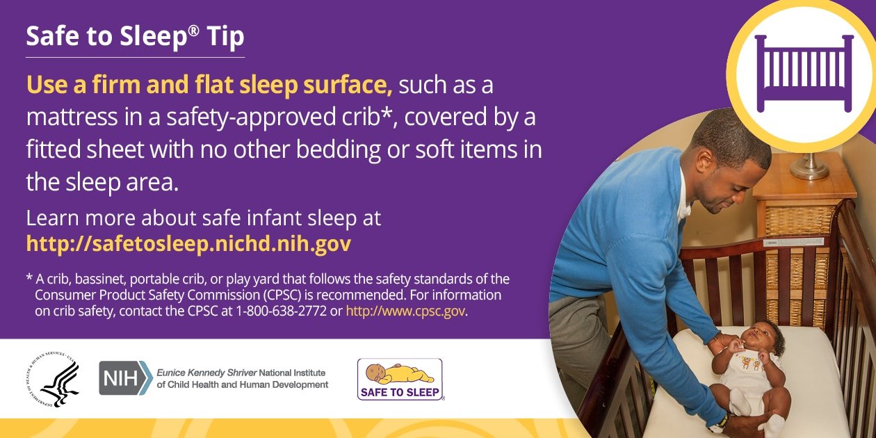 NIH graphic on safe sleep for protecting seniors and infants and babies in crib, with a firm flat surface and no soft bedding